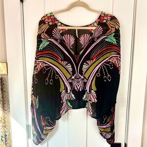 Free People Colorful Boho Poncho Top High Low Draped Festival Blouse Size M